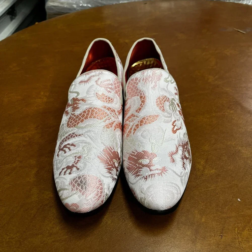 Santimon Men's US 7 - 12.5 Pink‎ Casual Embroidery Smoking Loafers Dress Shoes